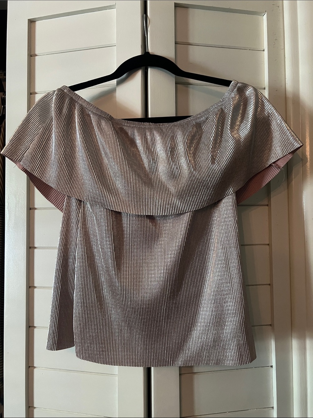 Off-Shoulder Metallic Silver Ribbed Women's Blouse - Shimmery Silver Top